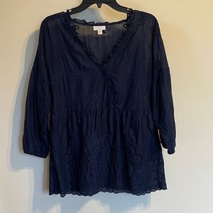 J.Jill Navy Embroidered Cotton Peasant Tunic Top XS Boho Eyelet Blouse